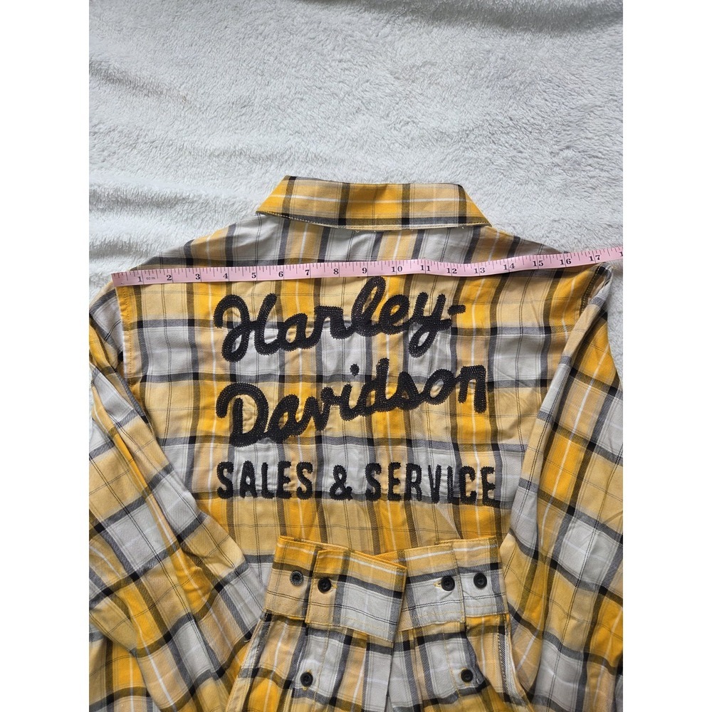 Harley-Davidson Women's XL Plaid Button Up Shirt Yellow Gray Flannel Embroidered - Picture 5 of 10